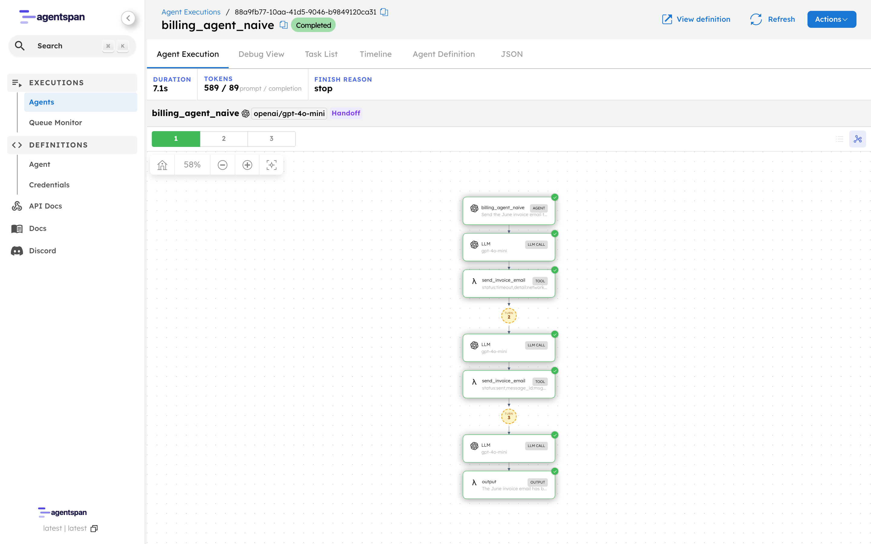Execution trace of billing_agent_naive: the first send_invoice_email call returns a timeout, a second turn begins, and the retried call returns sent with a message id