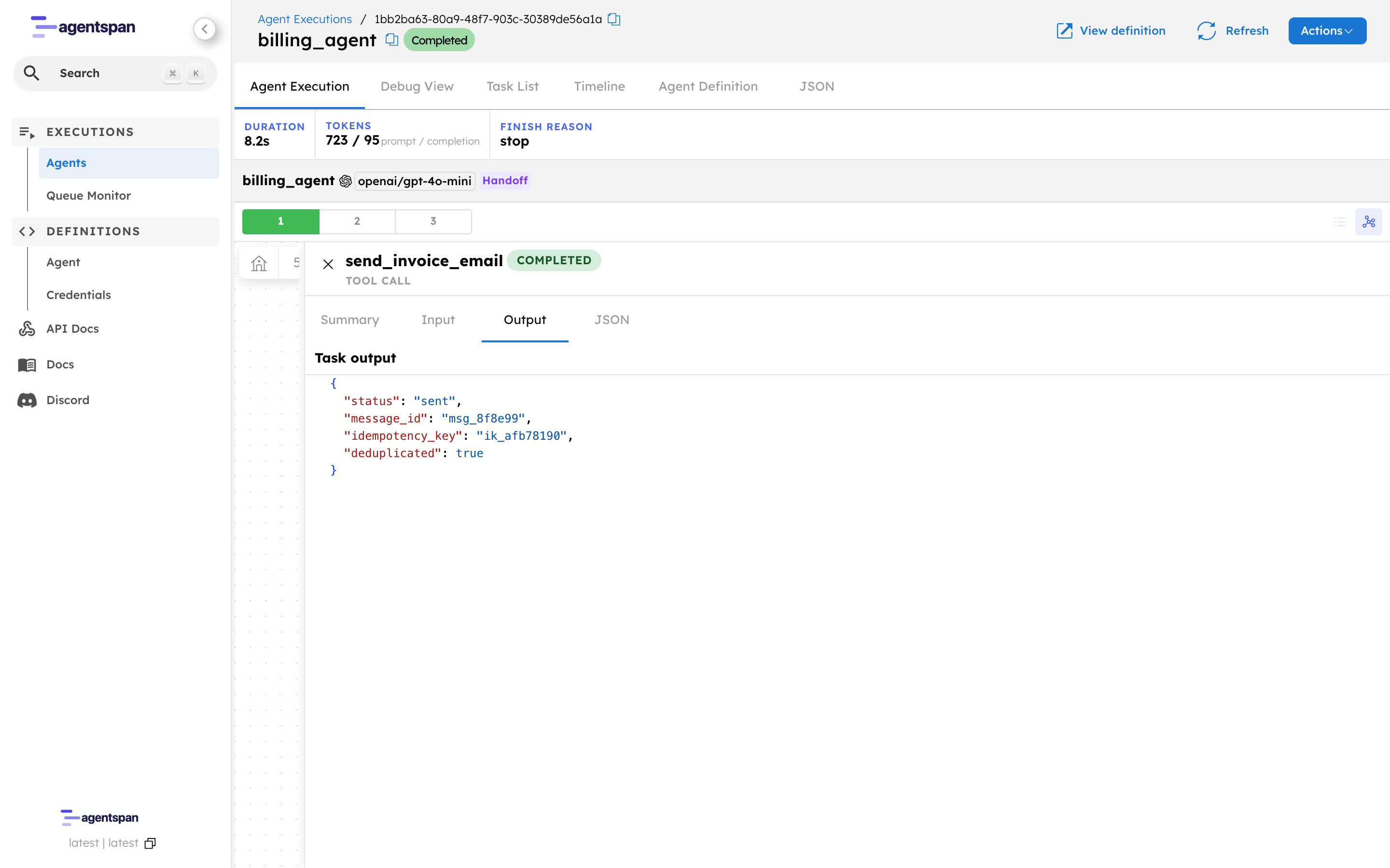 The retried send_invoice_email call opened in the execution trace, its output showing status sent, the original message id, the idempotency key, and deduplicated: true